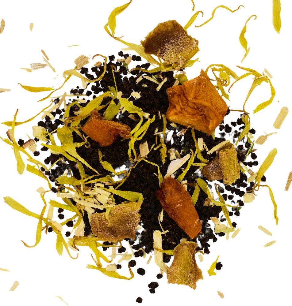 Mélange de thé noir Réveil Tropical, enrichi de morceaux de fruits tropicaux et de pétales de fleurs, pour une dégustation énergisante et exotique - My Own Tea