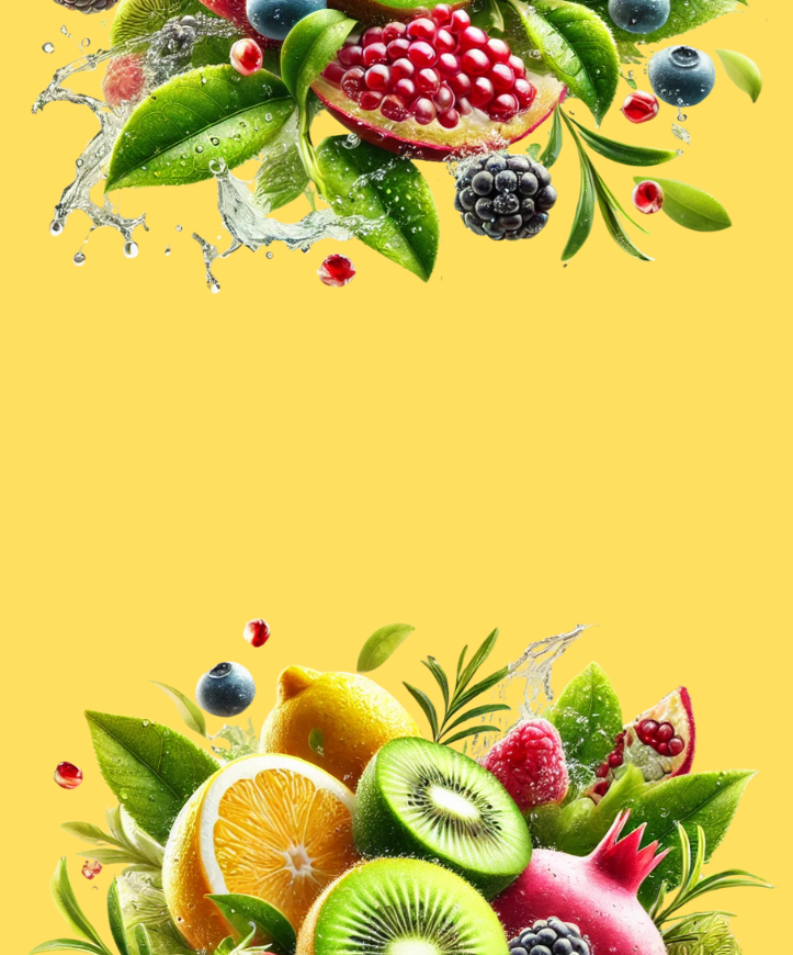Thé personnalisé avec plantes, fleurs et fruits sur un fond jaune avec de l'eau